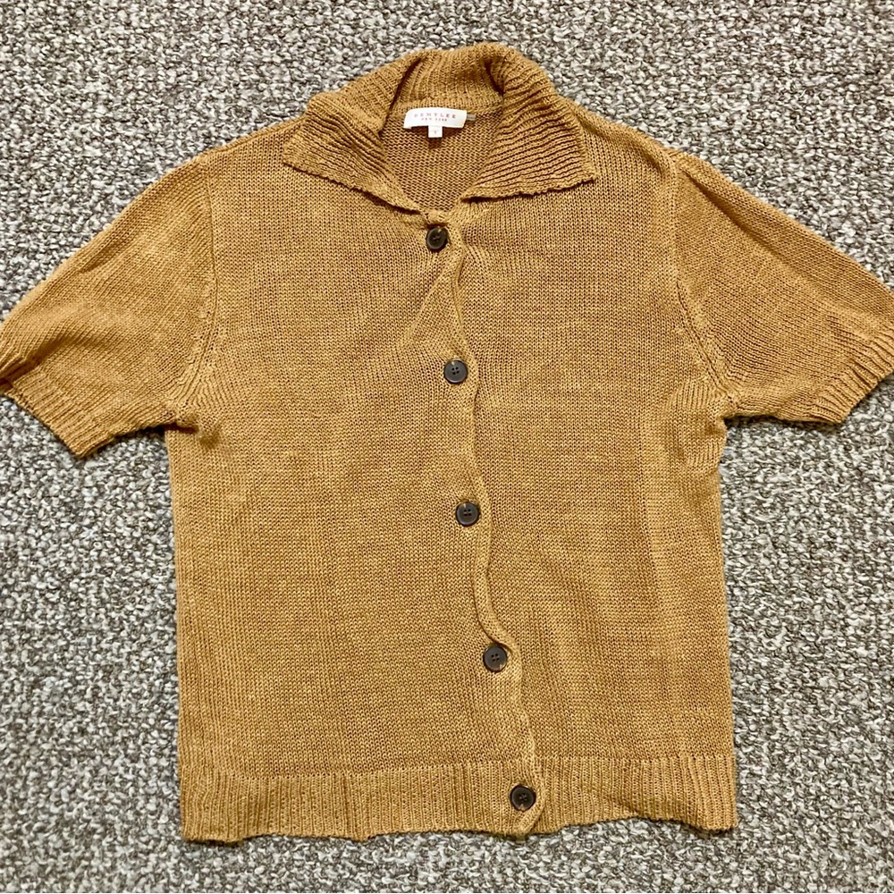 New Listing-Demylee Golden Tan Button-Up Linen Sweater